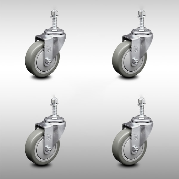 4 Inch SS Gray Polyurethane Wheel Swivel 10mm Threaded Stem Caster Set SCC